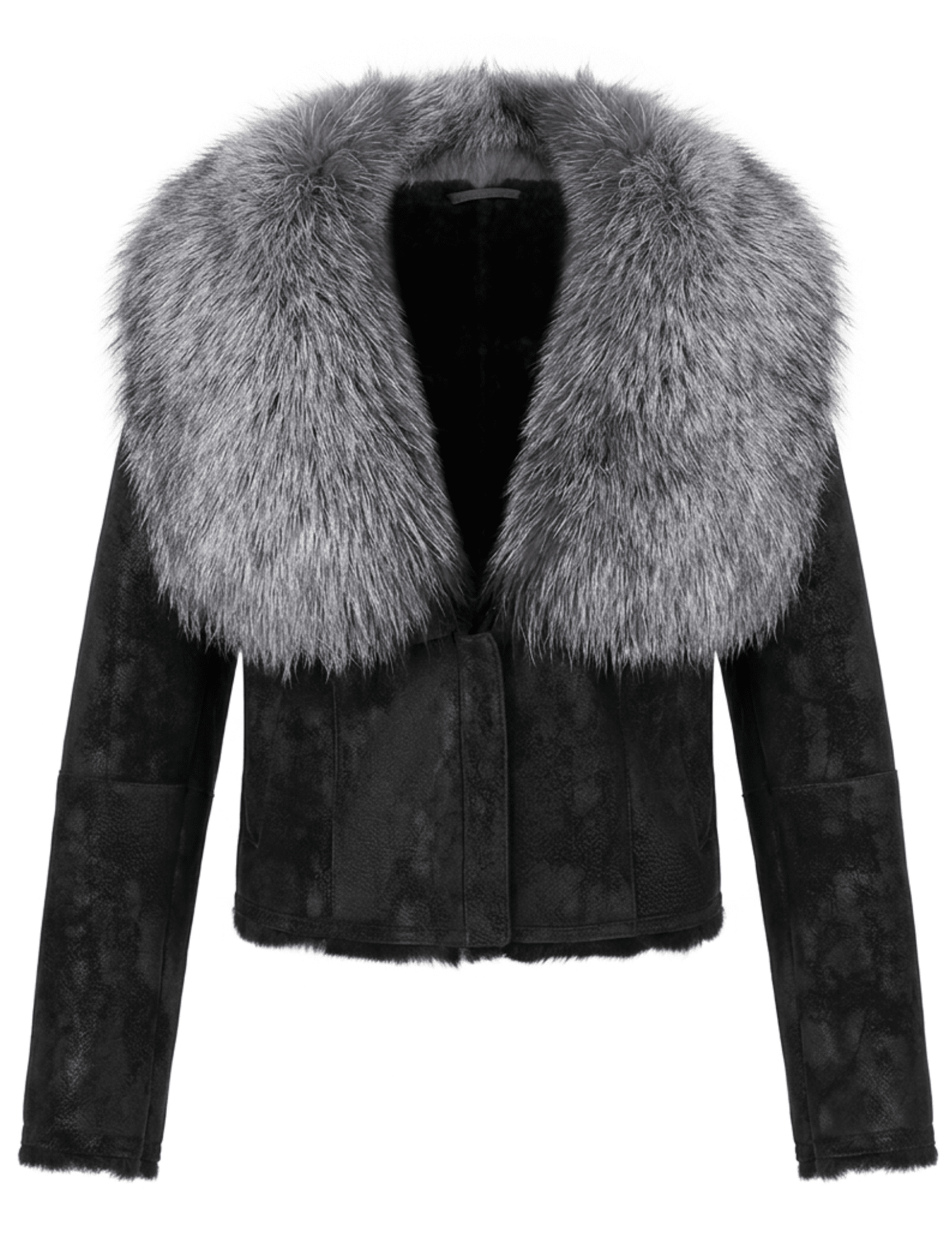 Steven Dann Marley Fox Collar Suede Jacket in Black & Silver