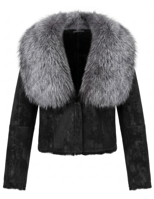 Steven Dann Marley Fox Collar Suede Jacket in Black & Silver