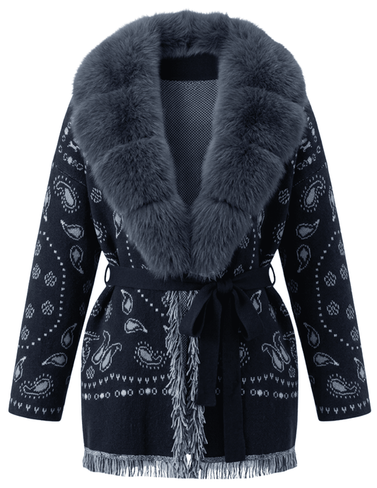 Steven Dann Victoria Fox Collar Paisley Cardigan in Navy