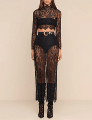 Styled view of L'AGENCE Henriette Lace Cropped Long Sleeve Top in Black