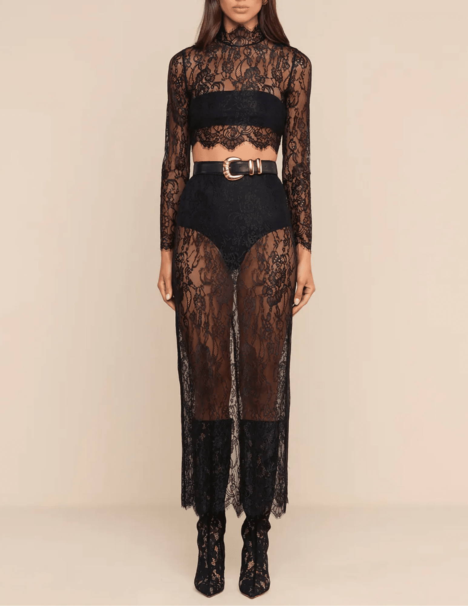 Styled view of L'AGENCE Raymonde Lace Maxi Skirt in Black