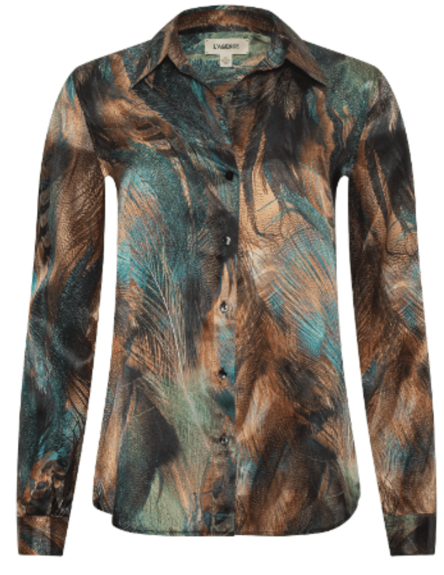 The L’AGENCE Tyler Long Sleeve Silk Blouse in Teal Multi Mix Feather