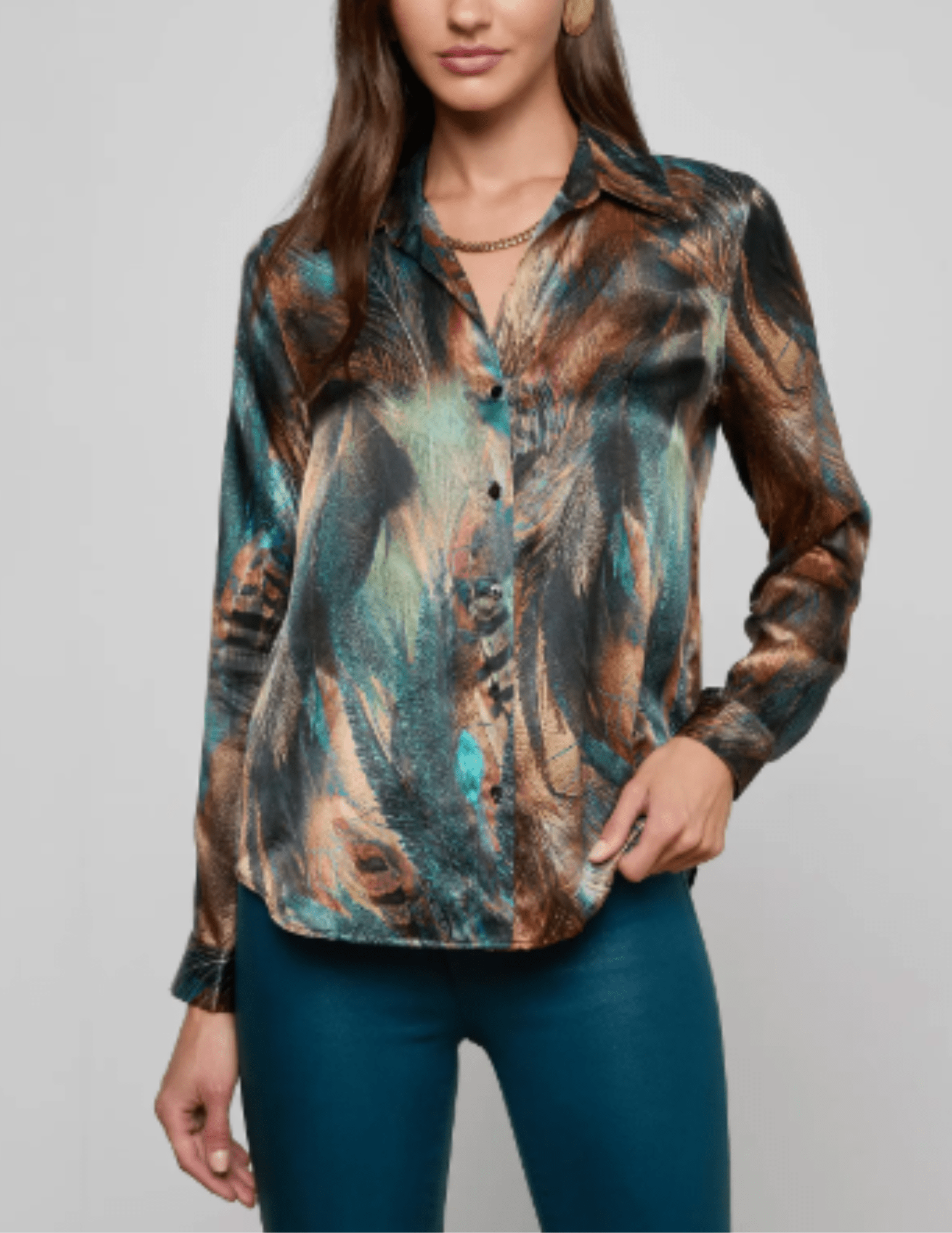 Front view of The L’AGENCE Tyler Long Sleeve Silk Blouse in Teal Multi Mix Feather