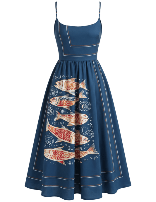 St. Barths La Robe - St. Barths La Robe Stevie Scoop Neck Midi Dress in Blue Geo Fish - Buy Online