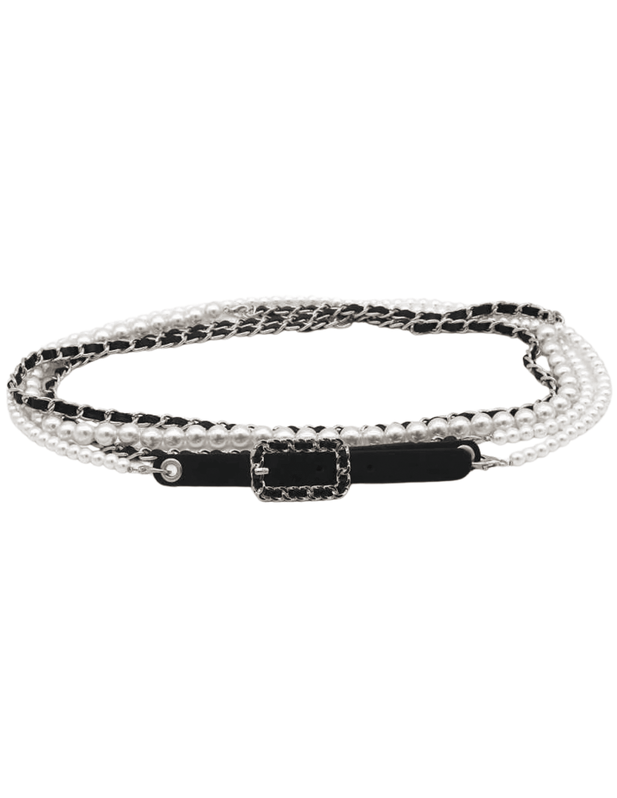 Fleur de Camélia Caity Pearl Chain Wrap Belt in Black and Silver