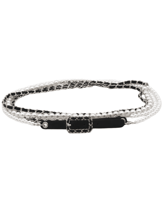 Fleur de Camélia Caity Pearl Chain Wrap Belt in Black and Silver