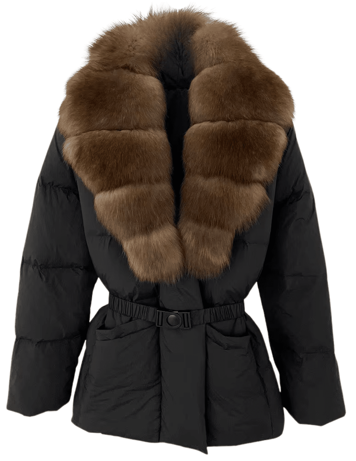 PRE-ORDER-Steven Dann Bria Real Fox Collar Belted Puffer Coat in Black and Sable