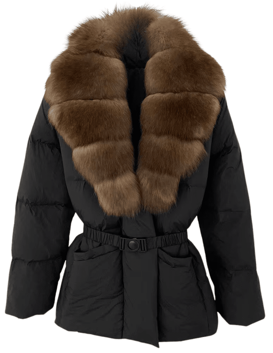 PRE-ORDER-Steven Dann Bria Real Fox Collar Belted Puffer Coat in Black and Sable