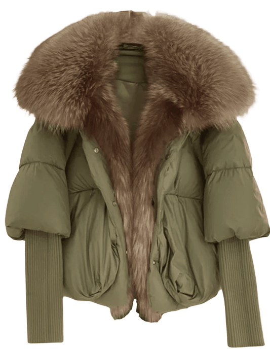 PRE-ORDER-Steven Dann Fox Collar Crop Puffer Coat in Olive and Natural