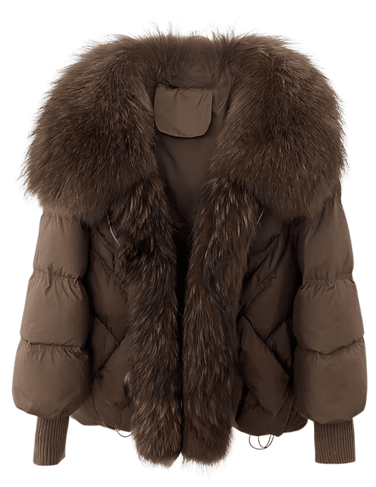 PRE-ORDER-Steven Dann Fox Collar Crop Puffer Coat in Brown