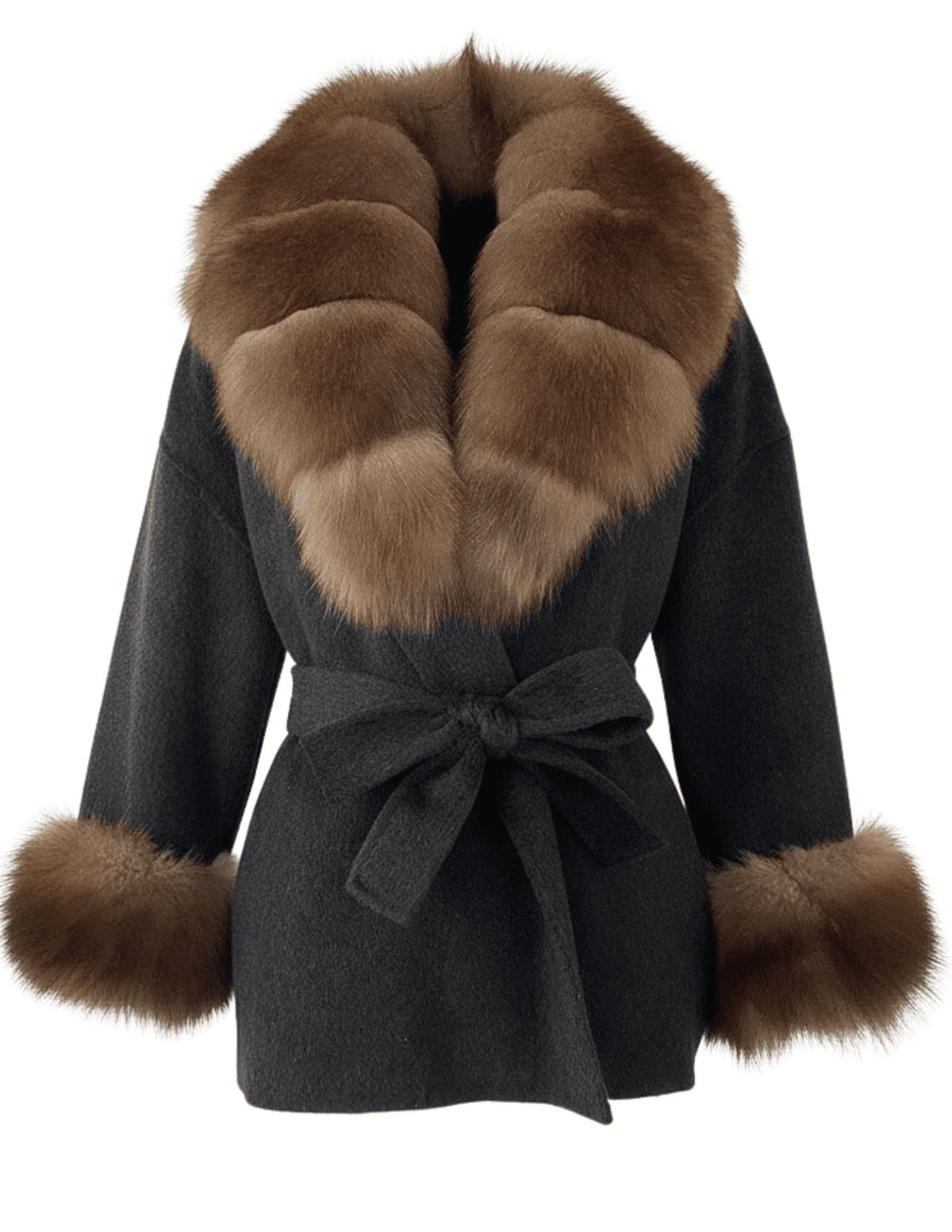 Steven Dann Cori Fox Trim Wool Wrap Coat in Charcoal and Sable
