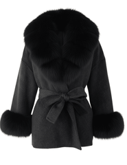 PRE-ORDER-Steven Dann Cori Fox Trim Wool Wrap Coat in Charcoal Black