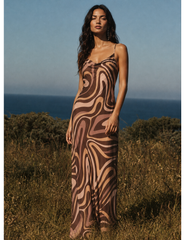PRE-ORDER-L’AGENCE Christine Cowl Neck Maxi Dress in Sepia Abstract Swirl