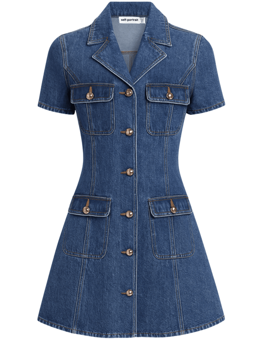 PRE-ORDER-Self-Portrait Denim Flared Mini Dress