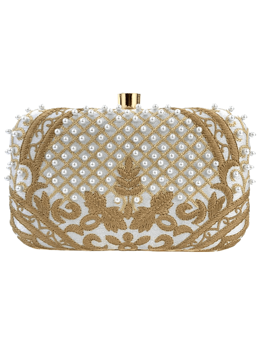 PRE-ORDER-Fleur de Camélia Charlotte Embroidered Satin Clutch in White