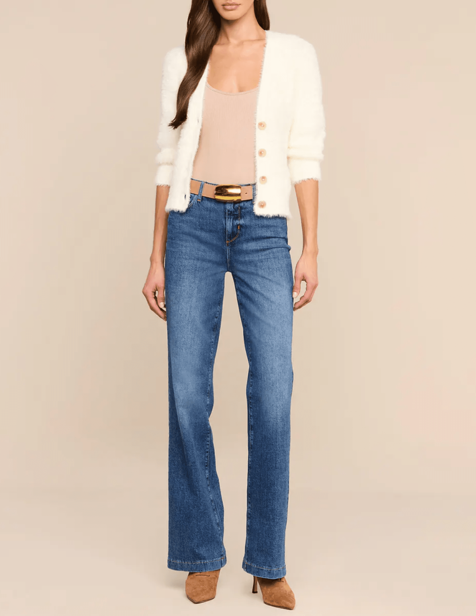 Full body view of L'AGENCE Agathe Fuzzy Cardigan in Ivory