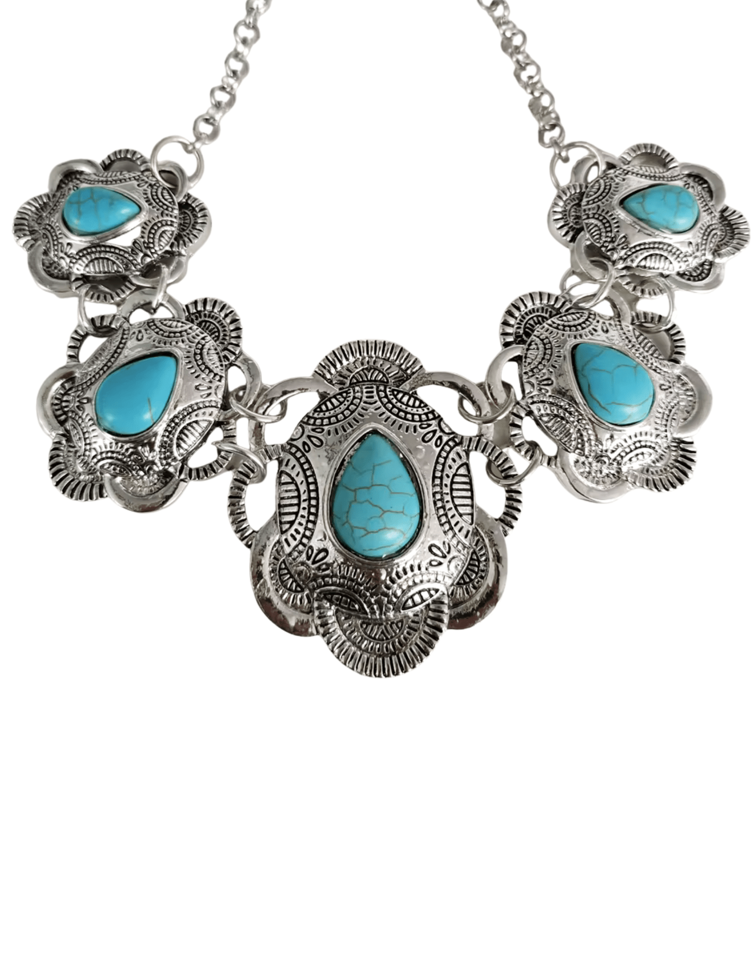 Close-up of Austin Blaze Agatha Necklace with turquoise concho pendants.