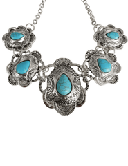 Close-up of Austin Blaze Agatha Necklace with turquoise concho pendants.