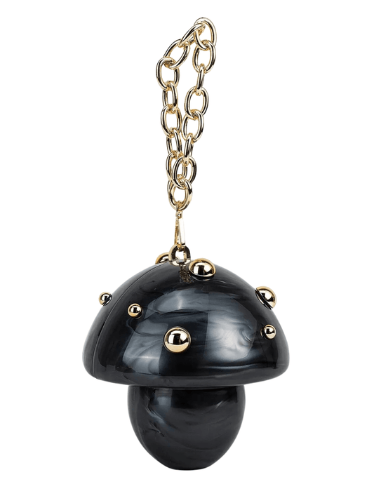 Austin Blaze Amanita Acrylic Clutch in black/gold with mushroom-inspired silhouette