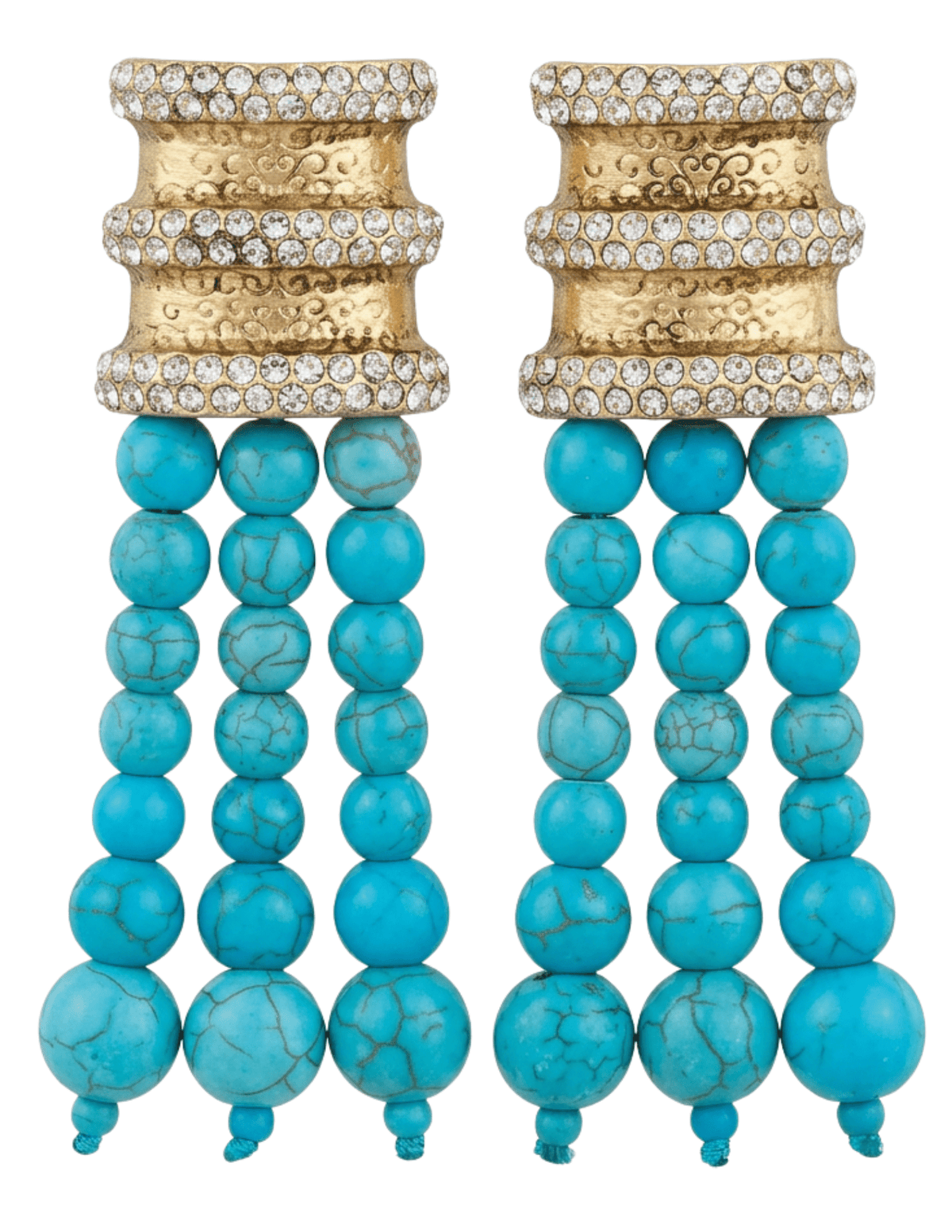 Austin Blaze Aubrey Tassel Earrings in Gold and Turquoise featuring textured gold-tone square posts, sparkling rhinestones, and cascading turquoise beaded tassels.