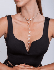 Austin Blaze Aurora Choker Lariat Necklace in gold with star rhinestone details on model