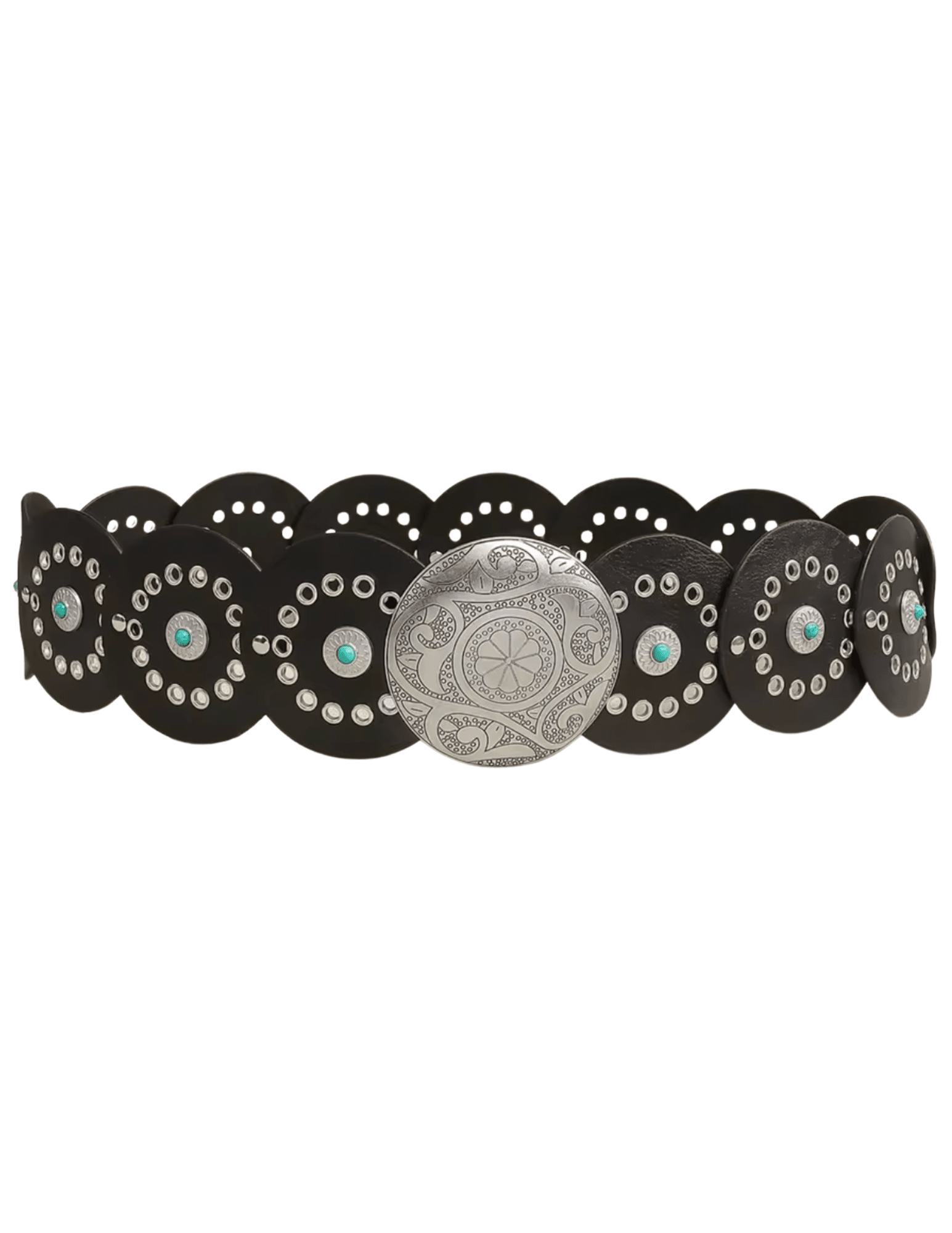 Austin Blaze Blake Disc Belt in black vegan leather featuring oversized silver-tone discs, turquoise embellishments, decorative grommets, and an etched Western buckl