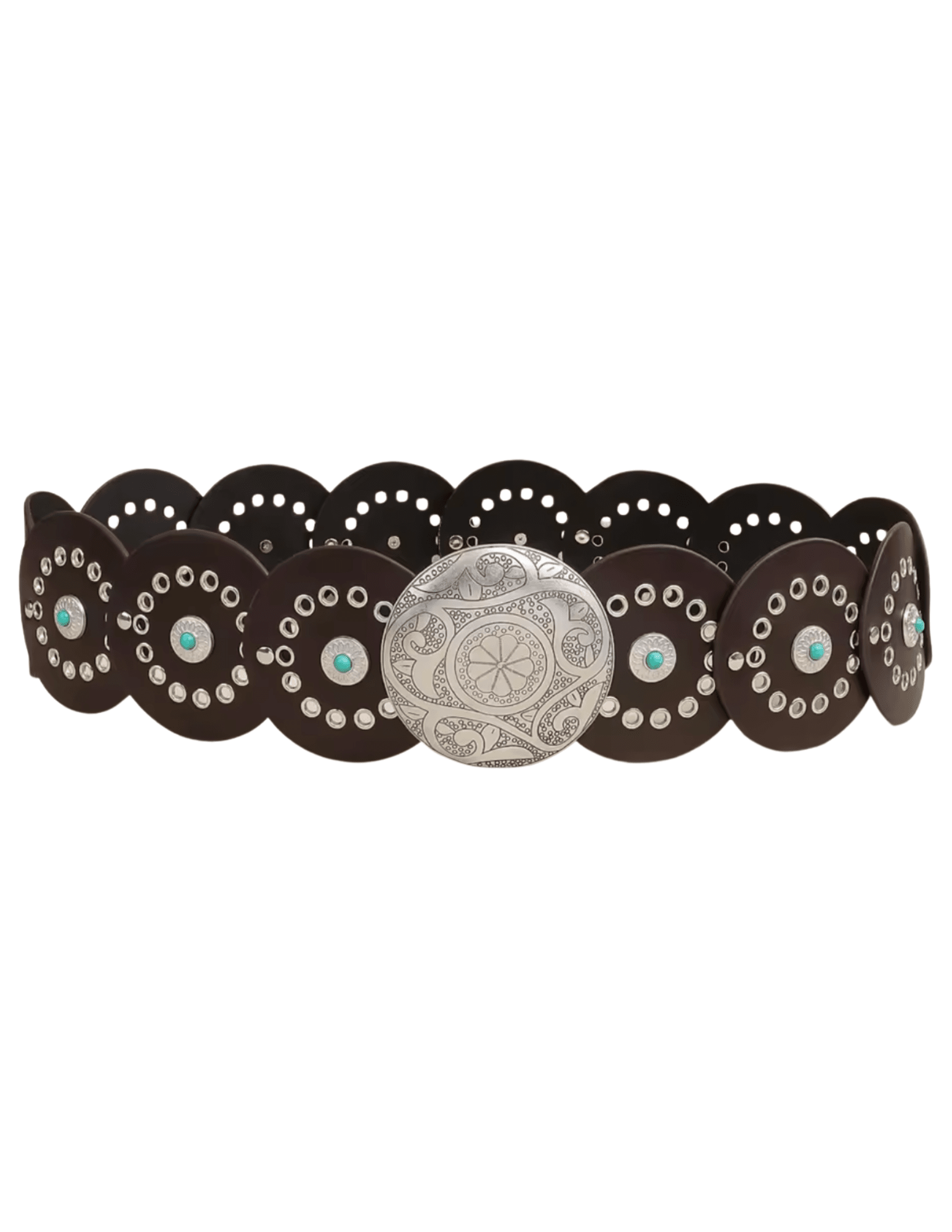 Austin Blaze Blake Disc Belt in dark brown vegan leather featuring oversized silver-tone discs, turquoise embellishments, and an etched Western buckle.