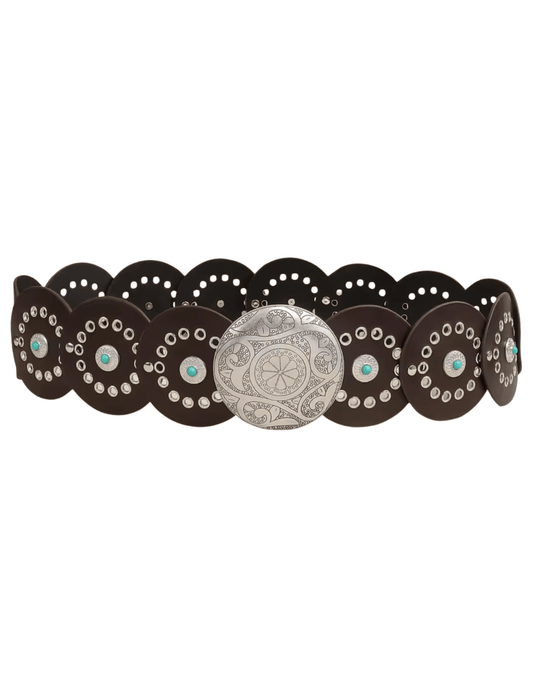 Austin Blaze Blake Disc Belt in dark brown vegan leather featuring oversized silver-tone discs, turquoise embellishments, and an etched Western buckle.