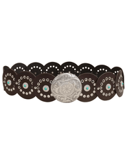 Austin Blaze Blake Disc Belt in dark brown vegan leather featuring oversized silver-tone discs, turquoise embellishments, and an etched Western buckle.