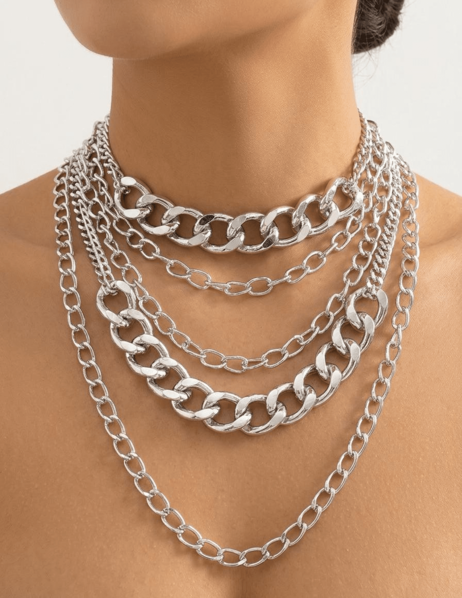 Model wearing Austin Blaze Carly layered silver chain necklace