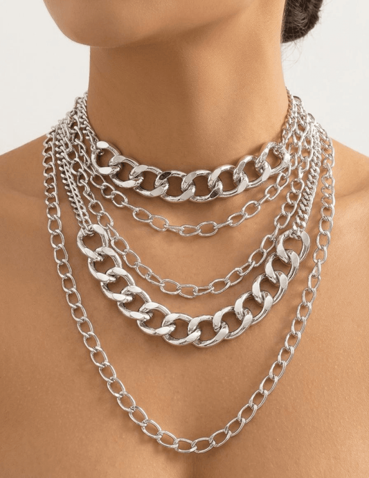 Model wearing Austin Blaze Carly layered silver chain necklace