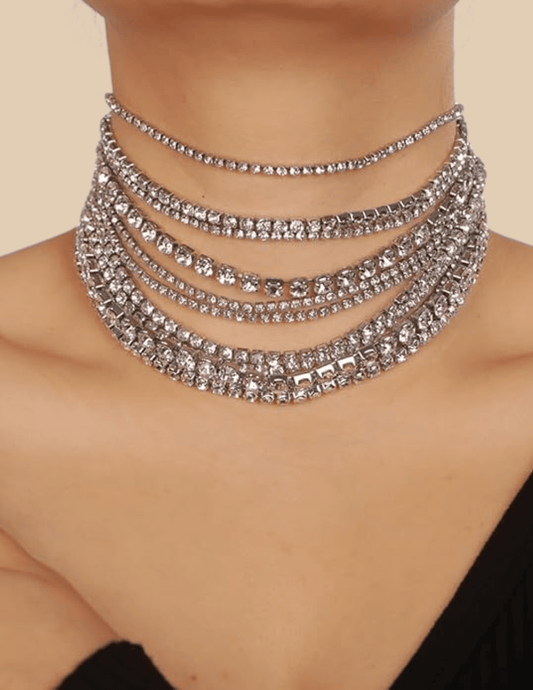 Model wearing the Clara Rhinestone Choker Necklace styled with eveningwear