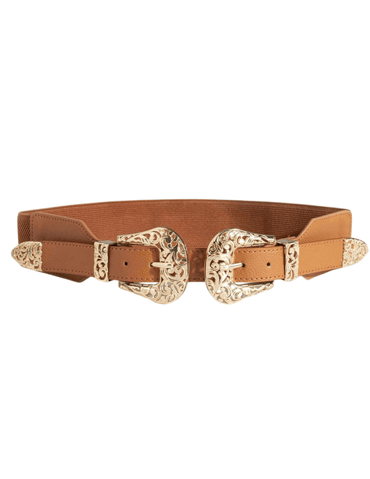 Front view of Austin Blaze Double Buckle Stretch Belt in Camel/Gold with ornate buckles