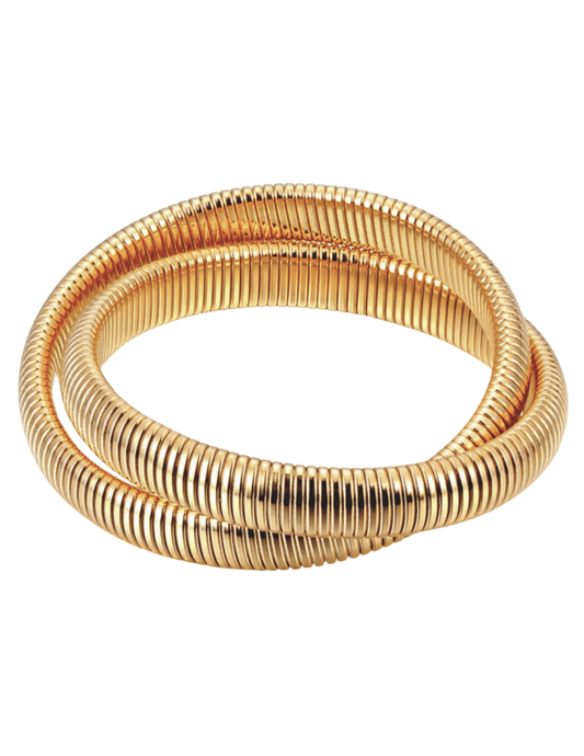 Intertwined gold and silver stretch bangles by Austin Blaze