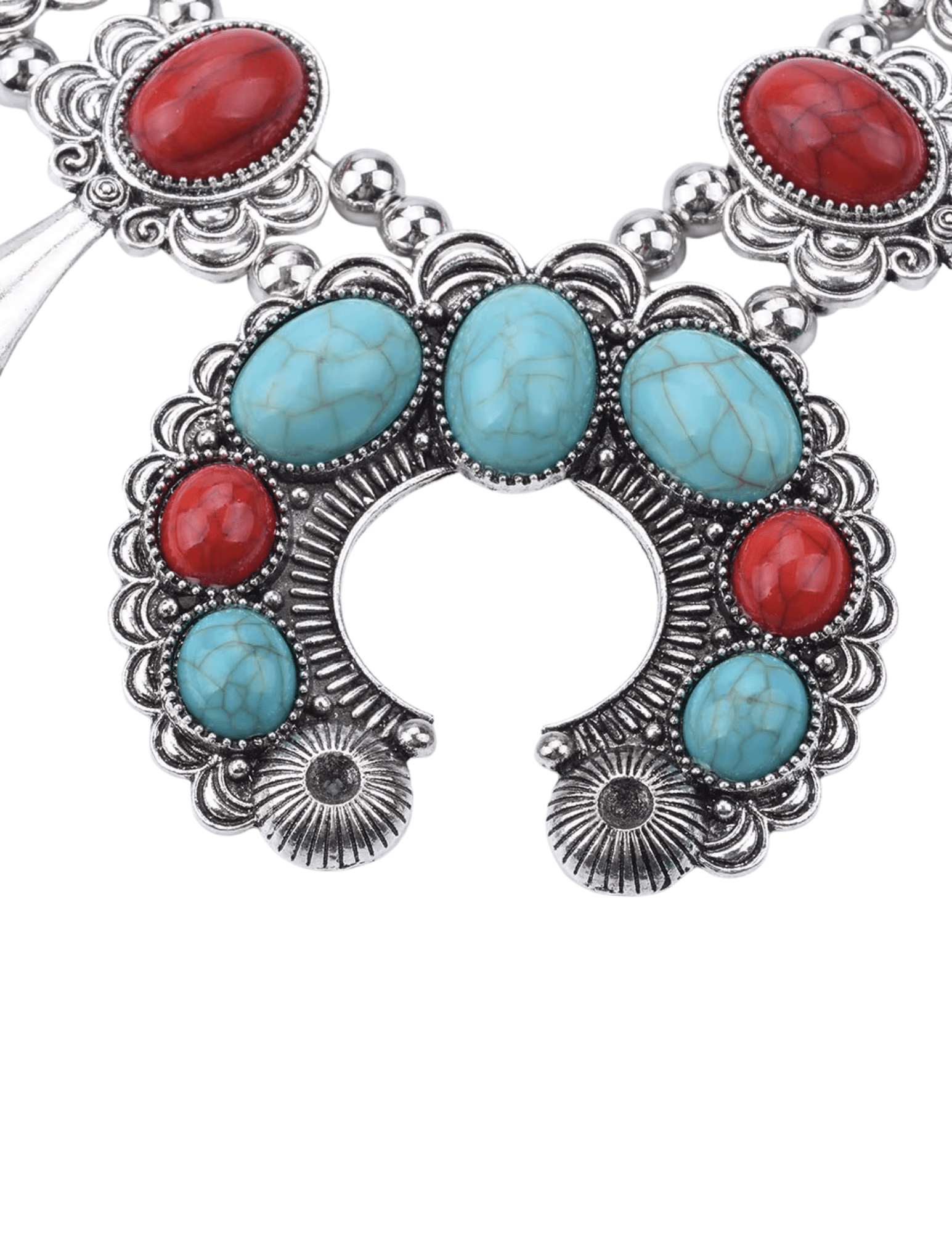 Turquoise and red beaded squash blossom necklace by Austin Blaze