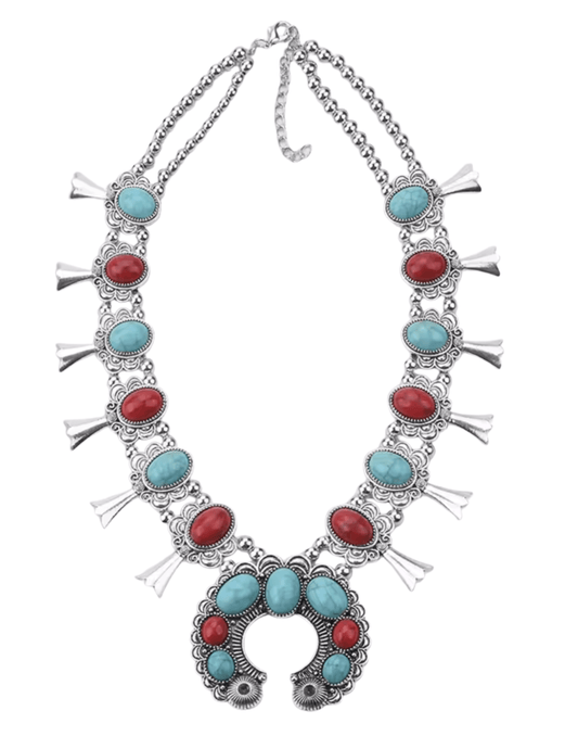 Turquoise and red beaded squash blossom necklace by Austin Blaze
