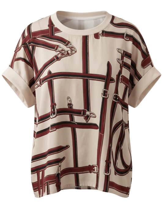 Austin Blaze Emory Scarf Top in Taupe Burgundy Belt Multi