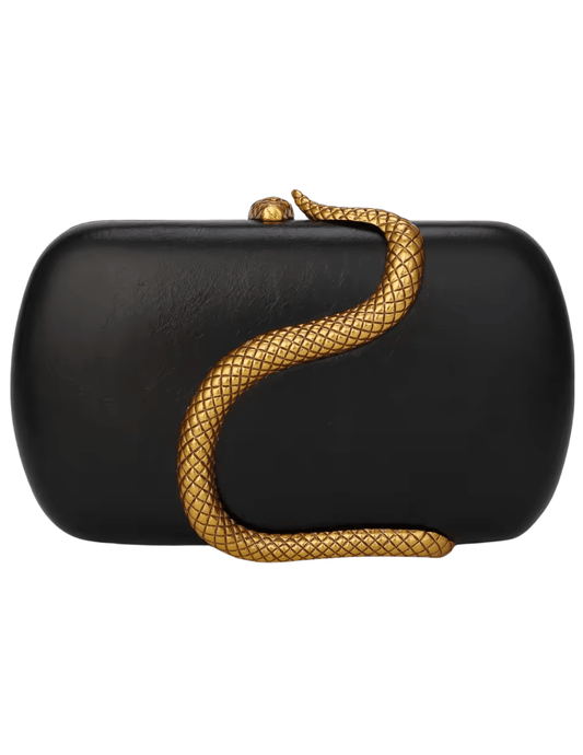 "Austin Blaze Fiona serpent leather clutch in black with gold snake detail and chain strap"