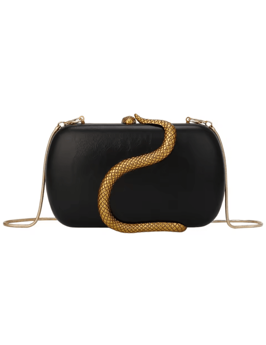 "Luxury black leather evening clutch bag with gold serpent design and detachable chain"