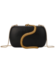"Luxury black leather evening clutch bag with gold serpent design and detachable chain"