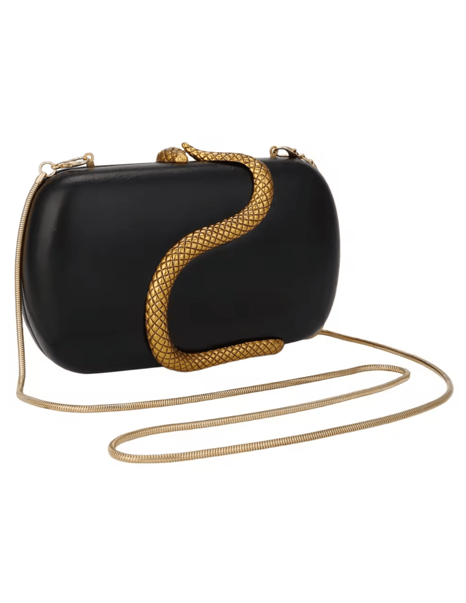 "Austin Blaze Fiona black hard case clutch with sculptural gold snake accent"