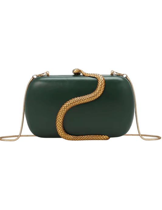 "Luxury forest leather evening clutch bag with gold serpent design and detachable chain"