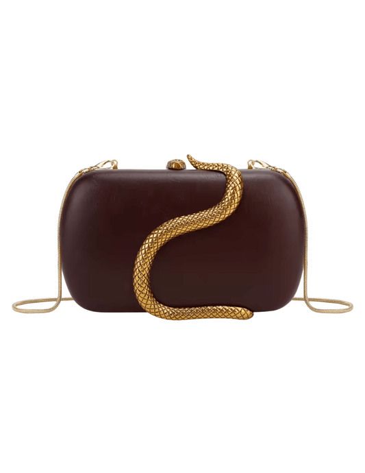 Luxury merlot leather evening clutch bag with gold serpent design and detachable chain"