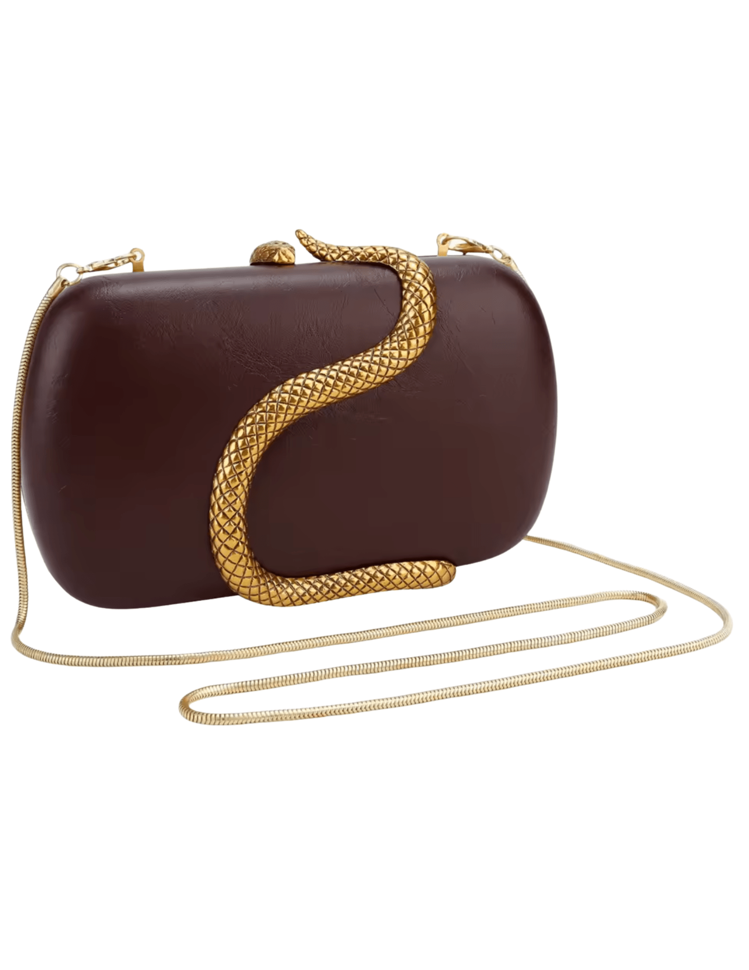 Austin Blaze Fiona merlot hard case clutch with sculptural gold snake accent