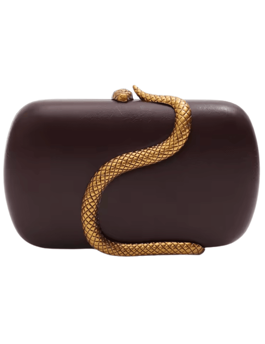 Austin Blaze Fiona serpent leather clutch in merlot with gold snake detail and chain strap