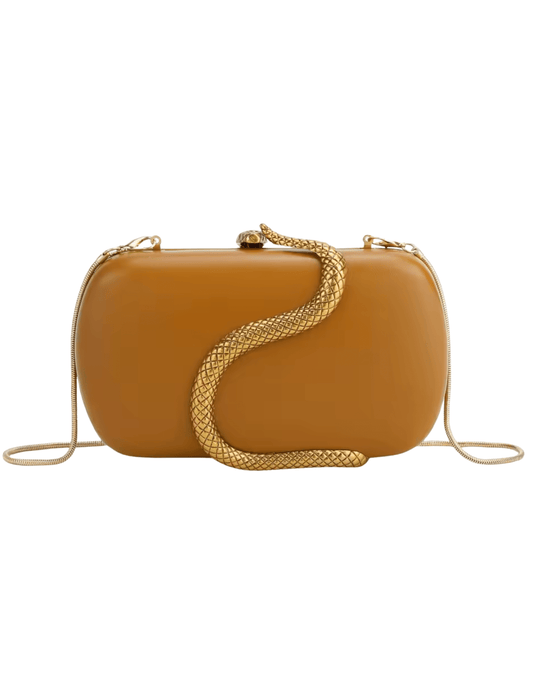 "Luxury saddle leather evening clutch bag with gold serpent design and detachable chain"