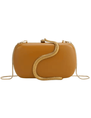 "Luxury saddle leather evening clutch bag with gold serpent design and detachable chain"