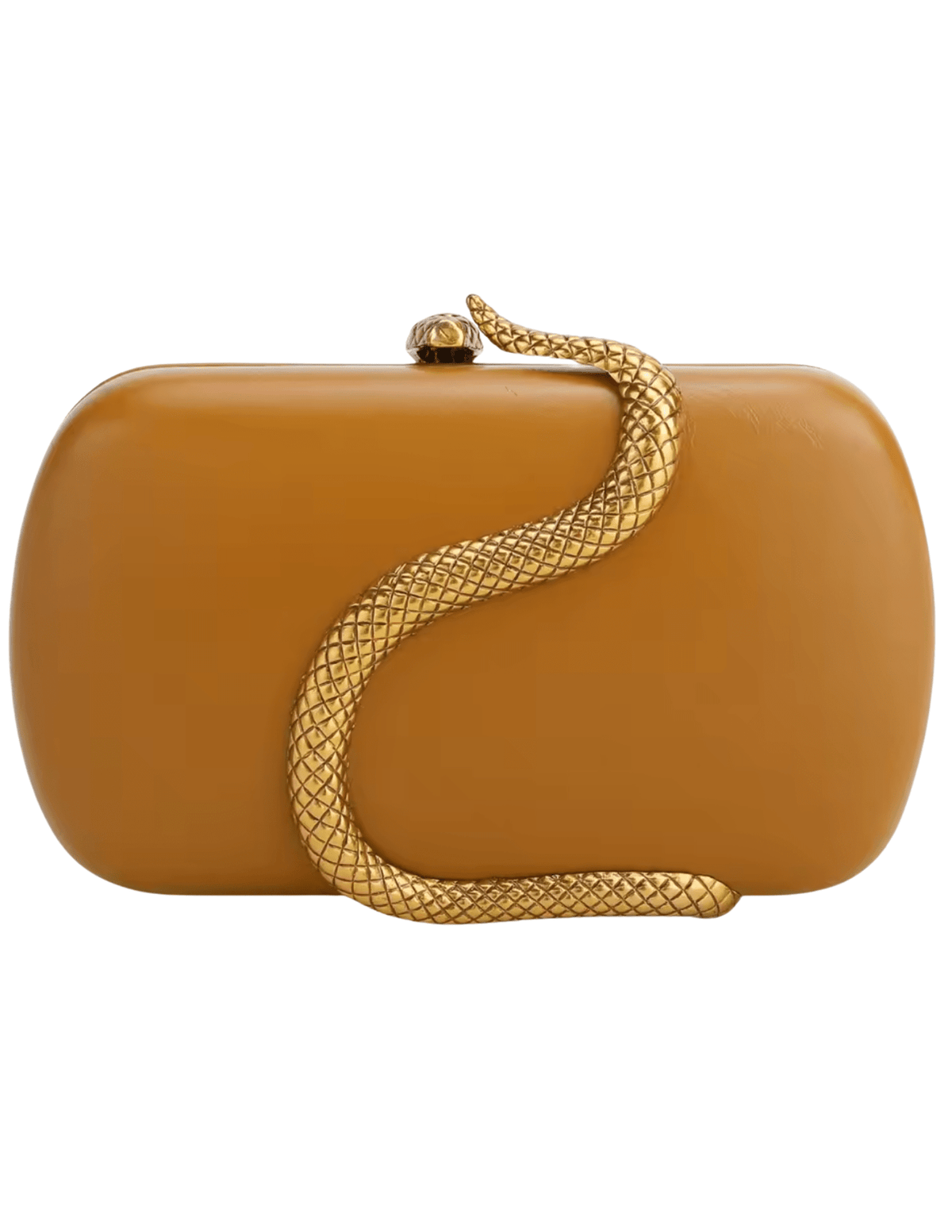 Austin Blaze Fiona serpent leather clutch in saddle with gold snake detail and chain strap"