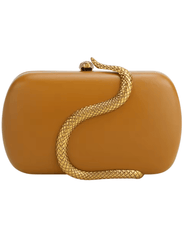 Austin Blaze Fiona serpent leather clutch in saddle with gold snake detail and chain strap"
