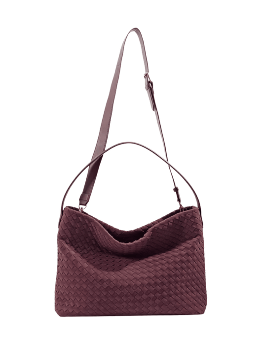 Austin Blaze Fletcher Burgundy Woven Bucket Bag with removable crossbody strap, textured vegan suede exterior, and relaxed silhouette.